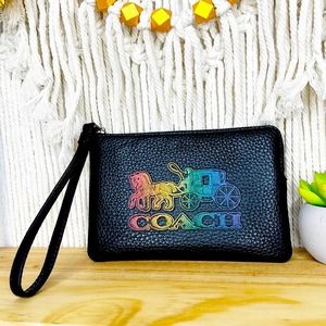 COACH l Rainbow Black Leather Horse & Carriage Wristlet NEW!